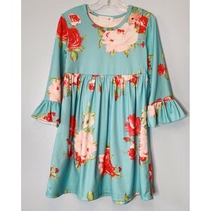 Adorable Sweetness Floral Dress Girls Size 5 Blue Red Rose Bell Sleeve Excellent